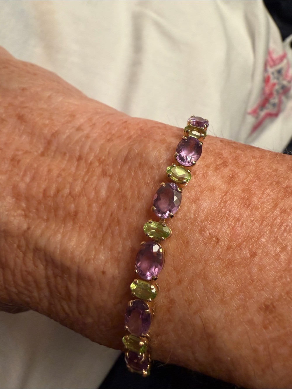 14K Yellow Gold Amethyst Peridot Tennis Bracelet 8.25” 33 Stones Box Clasp